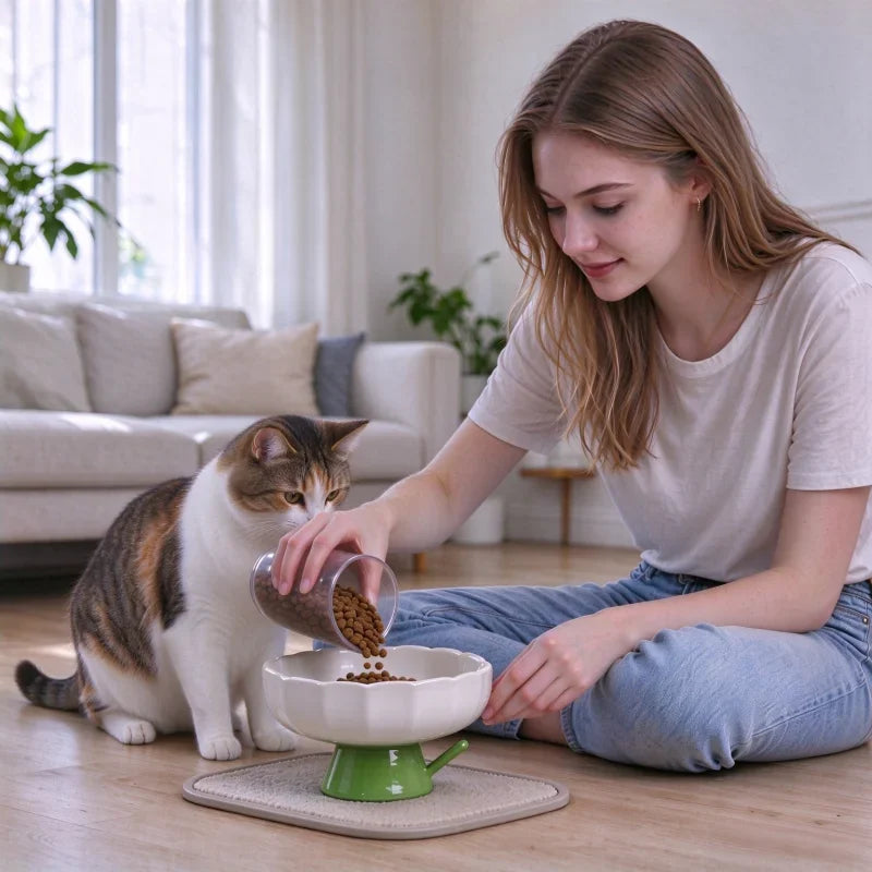 Daisy Elevated Ceramic Cat Bowl 2.0, Slanted Rim Raised Pet Dish, Glossy Glaze Food & Water Bowl for Indoor Cats