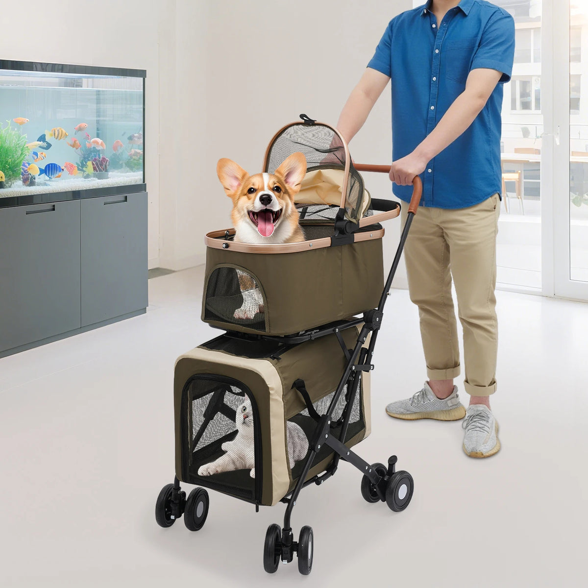 Foldable Pet Stroller for Small/Medium Pets—18.1x22.8x38.2in, 2-Tier Design+Safety Locks, Sunshade+Cushions, Ideal for Travel