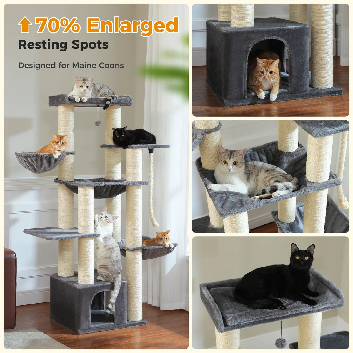 Large Cat Tree for Big Cats Robust Cat Tower with Several Levels Cat House Climbing Tree with Hammock 11 Sisal Posts Large Perch