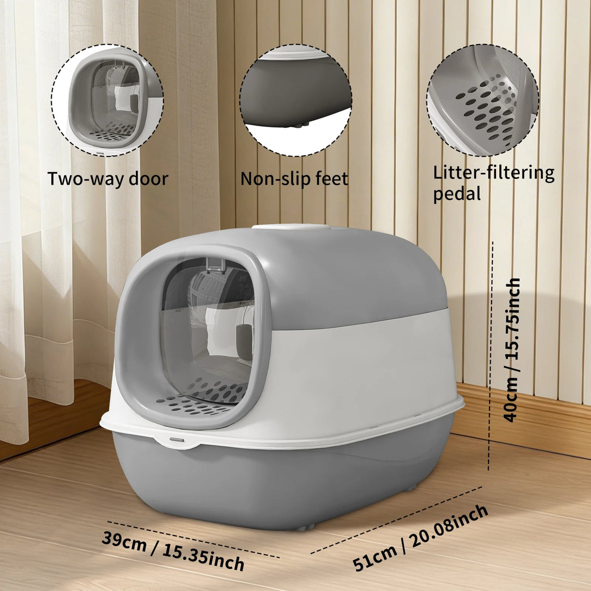 Fully Enclosed With Transparent Entrance Exit Doors Pet Litter Box Large Space Flip Cover Anti Slip Detachable Easy To Clean Cat Toilet Pet Supplies