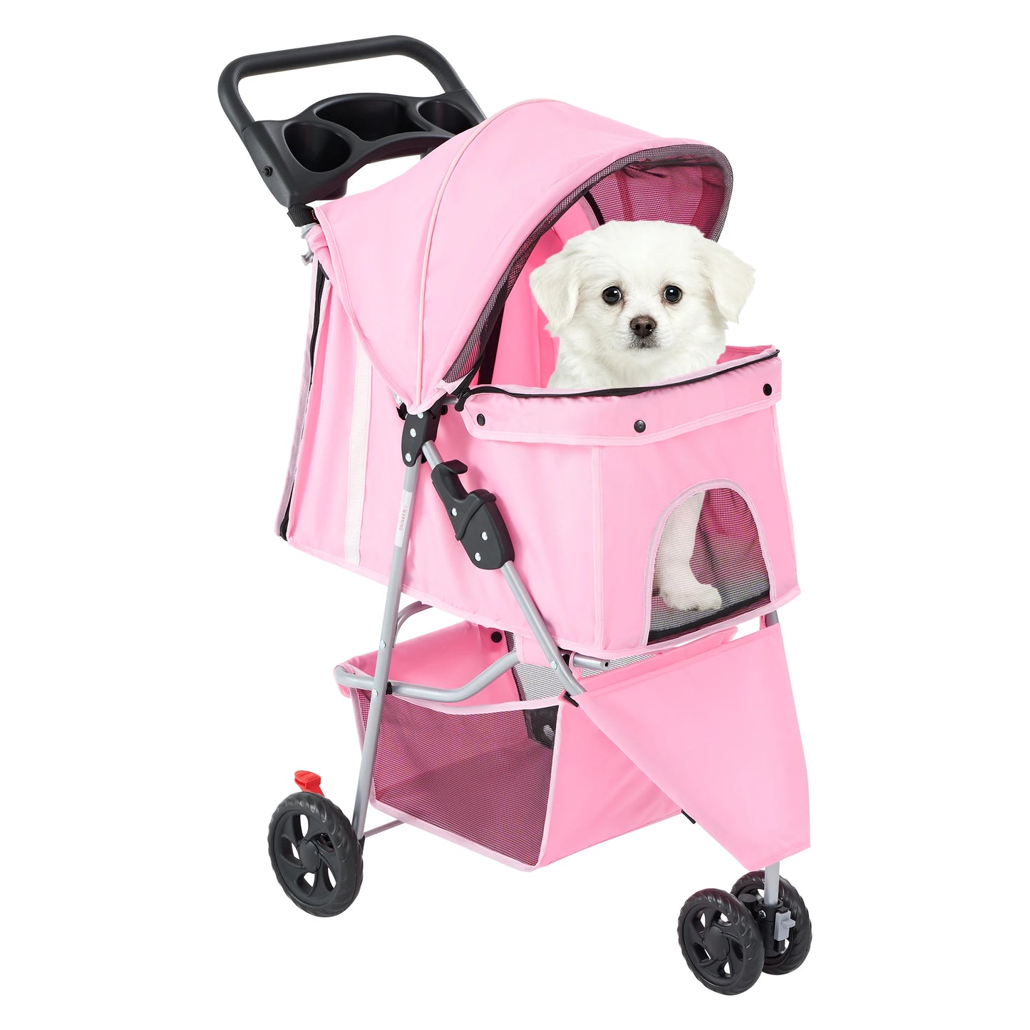 3 Wheels Foldable Pet Stroller for Small Dogs and Cats Stroller with Mesh Windows Storage Basket Cup Holder for Outdoor Use