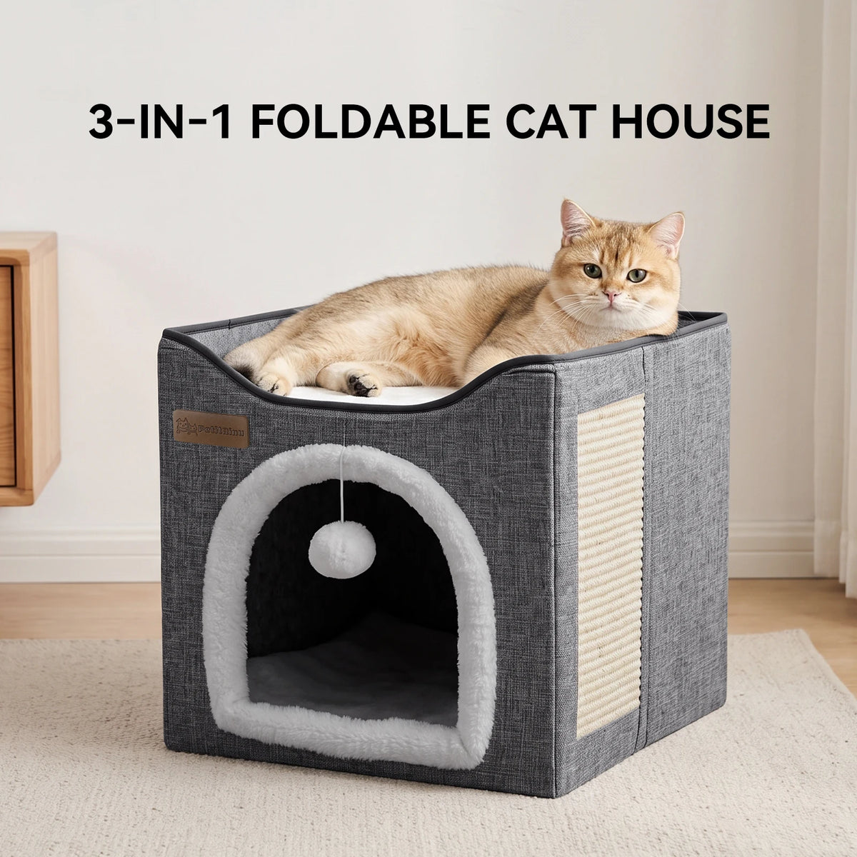 Simple 2-Layer Foldable Cat Bed, Cat Room, Kitten's Home, Indoor Cat Bed, Large Cat Cave With Fluffy Ball Toys And Cat Scratching Post, Kitten's Hidden Apartment, Pet Sofa.