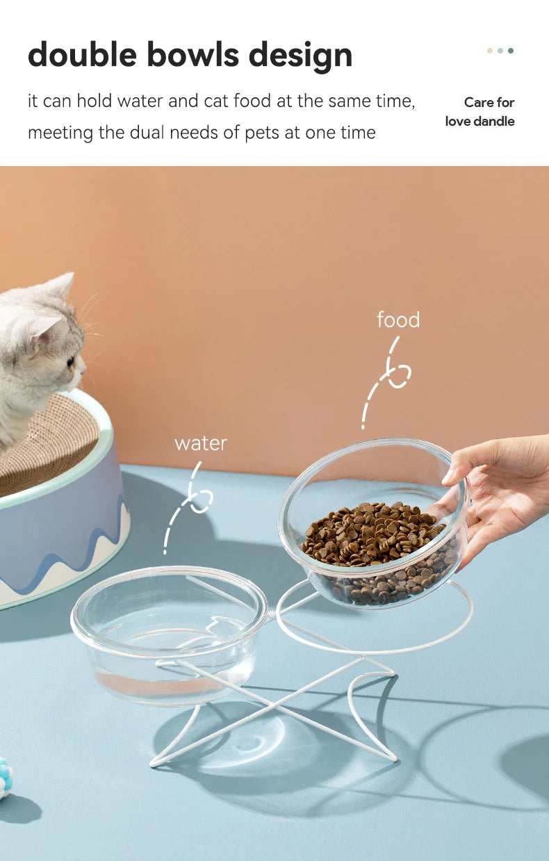 Cat Glass Food Water Bowl Elevated Small Dog Double Drinking Eating Bowls Pet Transparent Feeding Basin with Stand