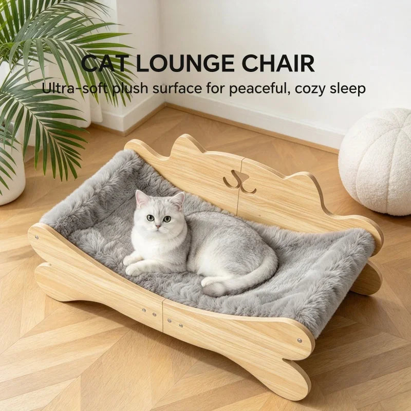 Coral Fleece Wooden Cat Bed, Elevated Anti-Slip Cat Lounge Chair, Modern Curved Pet Sofa for Indoor Kittens
