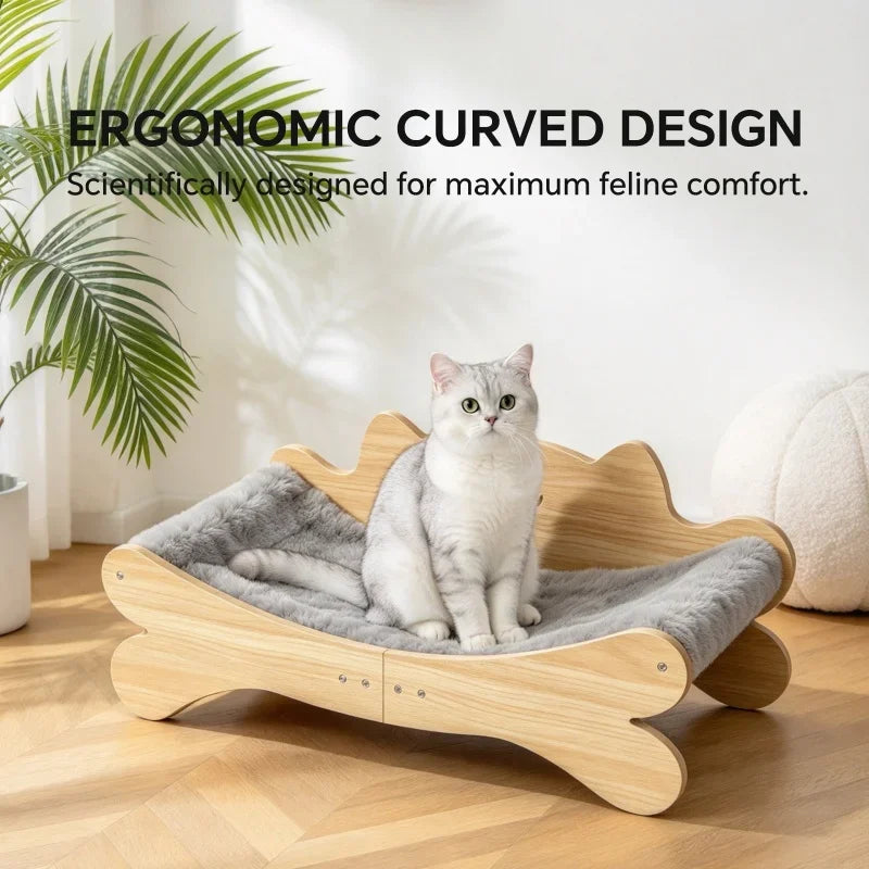 Coral Fleece Wooden Cat Bed, Elevated Anti-Slip Cat Lounge Chair, Modern Curved Pet Sofa for Indoor Kittens