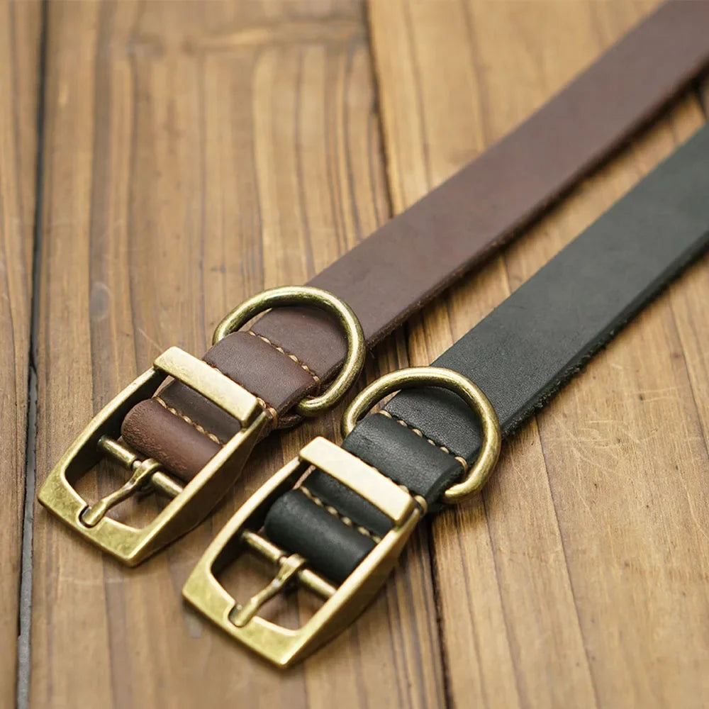 Genuine Leather Dog Collar Solid Durable Dogs Puppy Pet Collar For Small Medium Large Dogs French Bulldog Leather Cat Necklace