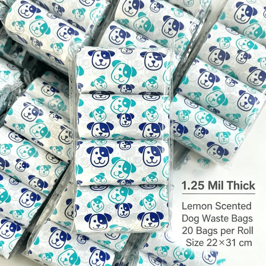Fresh Lemon Scent Dog Poop Bags 1.25Mil Tear Resistant Waste Bags Cartoon Dog Print Disposable Pickup Bags for Outdoor Dog Walks