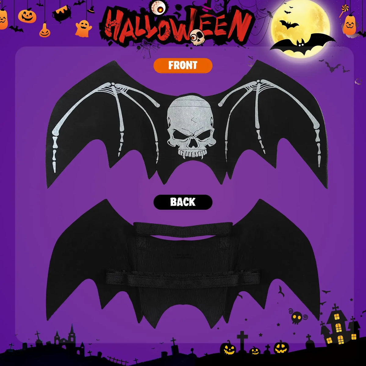 Halloween Dog bat Wing Costumes L，pet Costumes for Halloween Party Skeleton Print On The Back，Pumpkin Bell，Neck & Chest Adjustable nylon Straps，Lightweight Felt Comfort,for large dogs