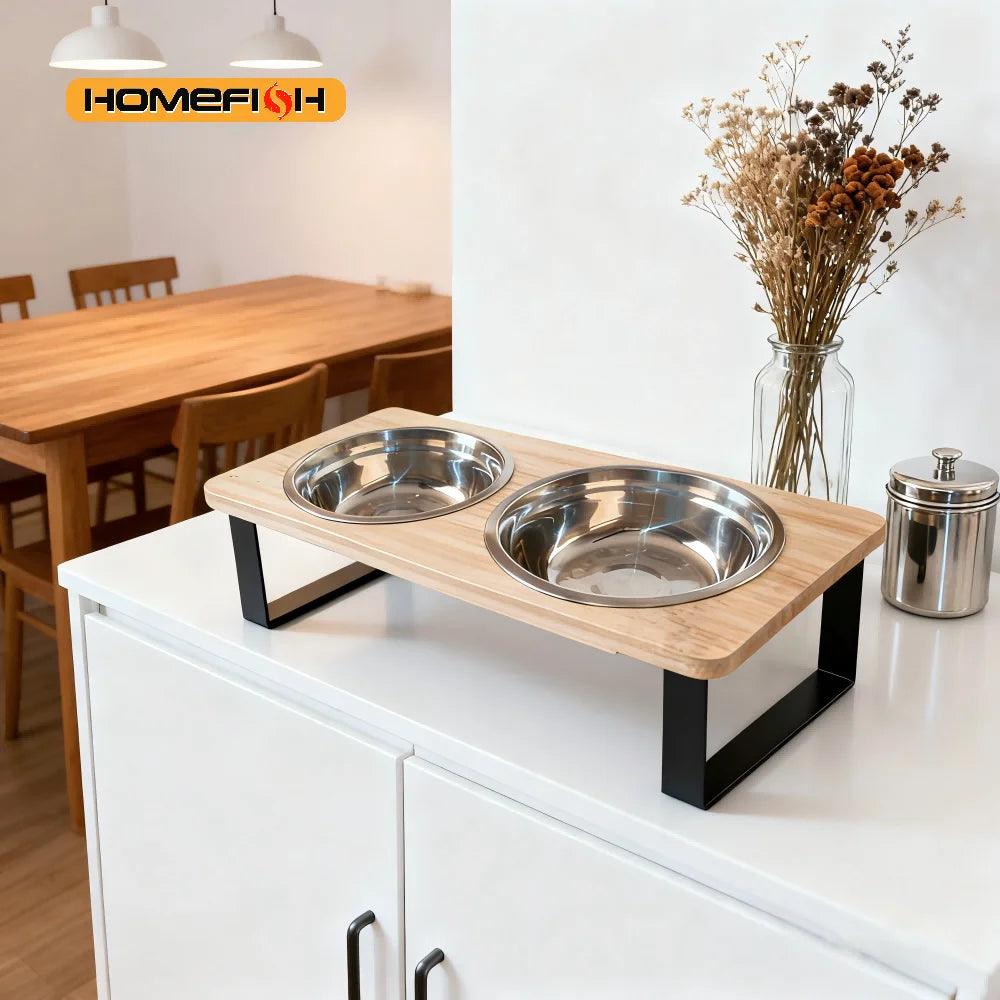 Elevated Cat Bowl Pet Feeder 15° Tilted Raised Cat Food Bowl with Wooden Base Includes 2 Stainless Steel Bowls Suitable for Cats