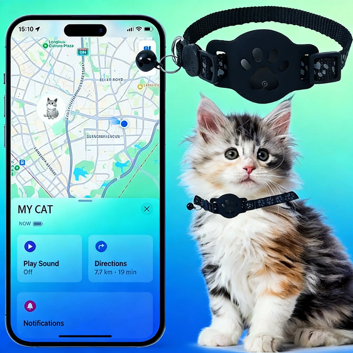 AirTag Cat Collar Reflective Paw Pattern Fit iOS Android System Quick Release Buckle Waterproof Anti-Lost Collar for Small Cats