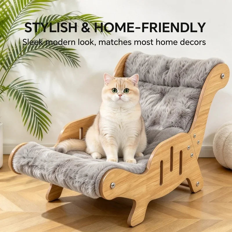 Christmas Warm Plush Cat Lounge Chair, Ergonomic Wooden Cat Bed, Cozy Elevated Indoor Pet Sofa Furniture