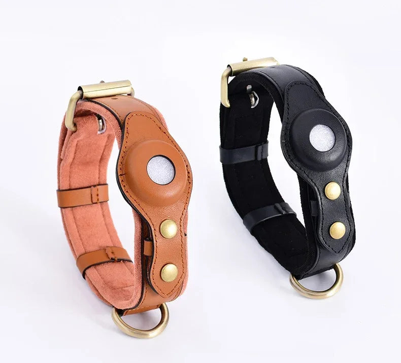 Solid and Anti Loss Genuine Leather Airtag Heavy Duty Dog Collar