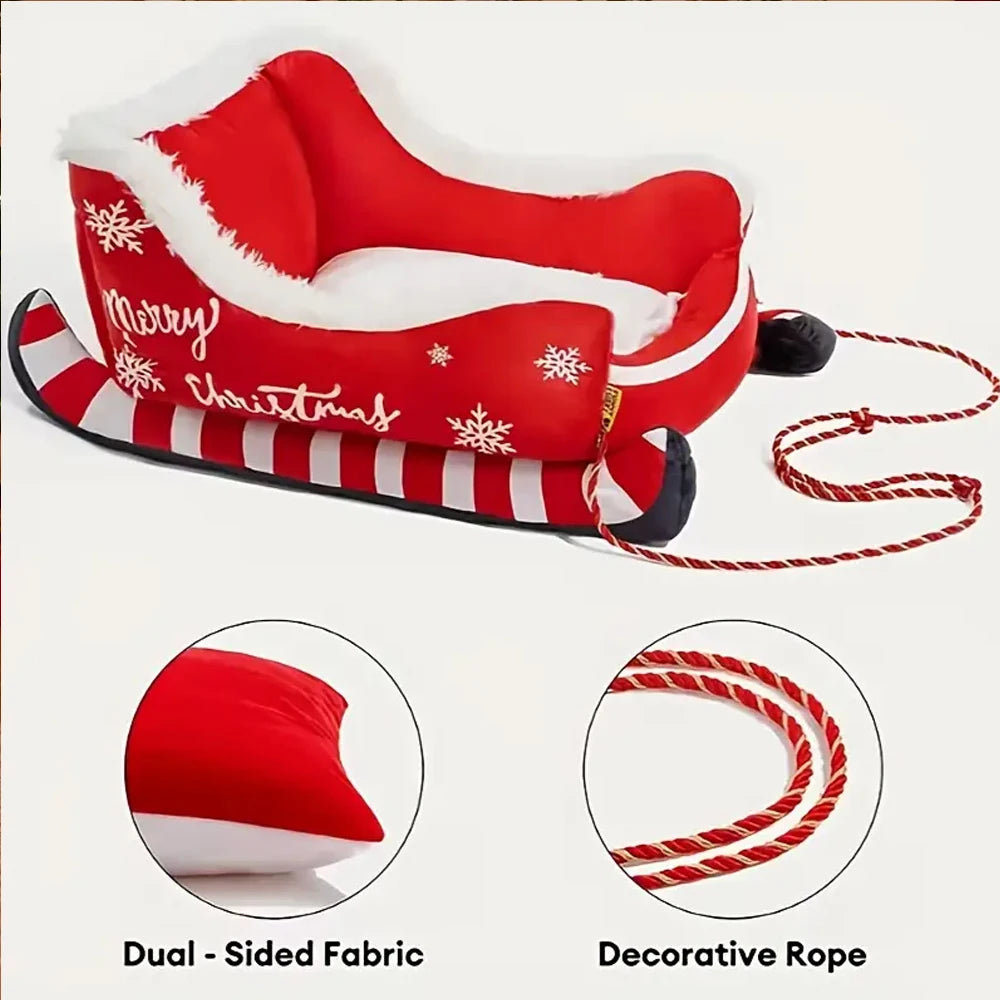 Christmas Sleigh Bed  Removable Washable Plush Pet Warm Sofa with Non-Slip Base Christmas Cat Dog Nest for Winter Indoor Outdoor