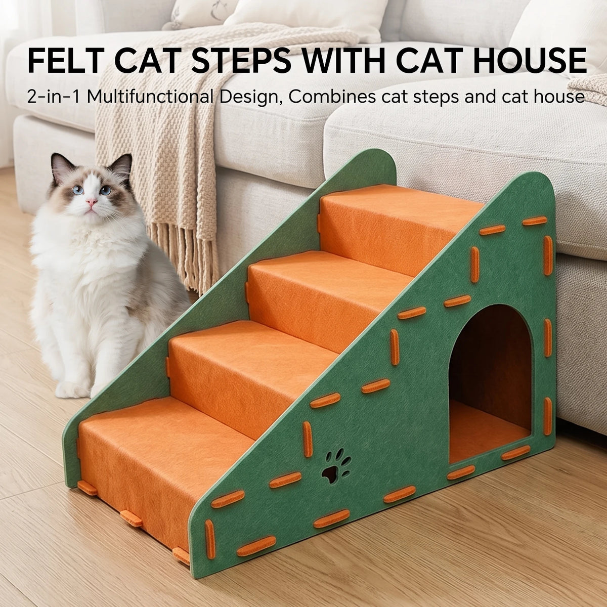 Three-In-One Multi-Functional Cat Staircase - 4-Step Portable Pet Staircase, Suitable For Beds, Sofas, Cat Climbing Frames, Ramps, Headboard Ramps, Durable Felt Cat Beds And Scratching Posts, Stable Ladder Suitable For Kitten
