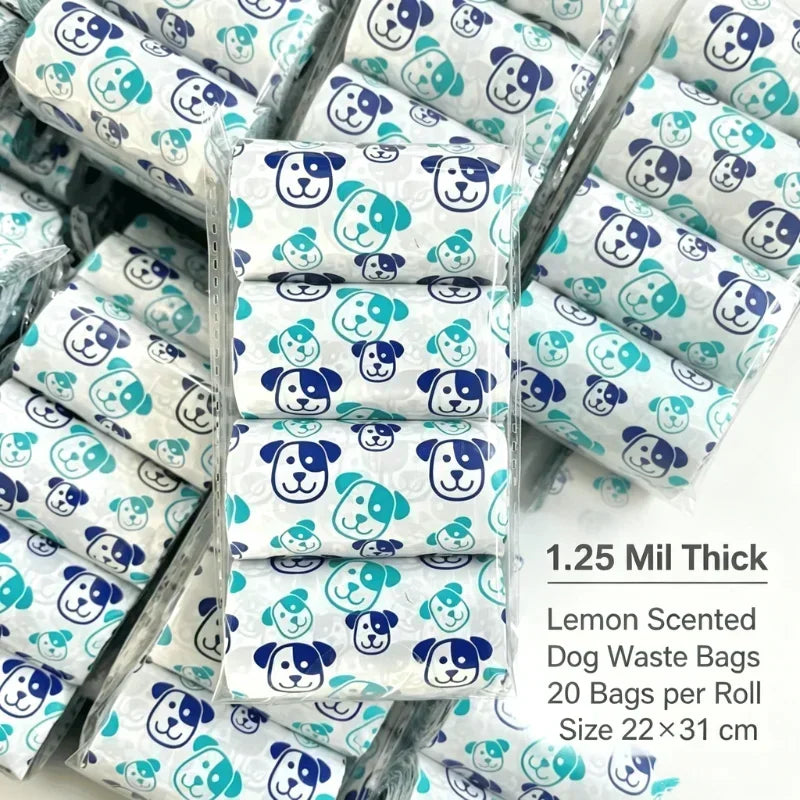 Fresh Lemon Scent Dog Poop Bags 1.25Mil Tear Resistant Waste Bags Cartoon Dog Print Disposable Pickup Bags for Outdoor Dog Walks