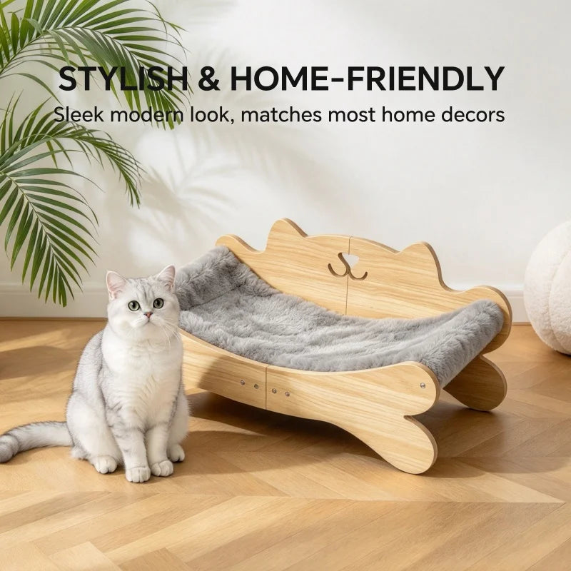 Coral Fleece Wooden Cat Bed, Elevated Anti-Slip Cat Lounge Chair, Modern Curved Pet Sofa for Indoor Kittens