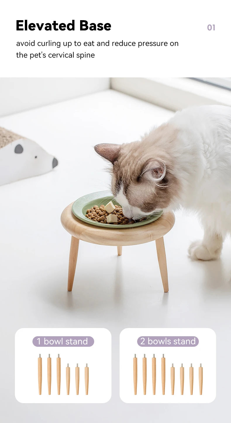 Cat Ceramic Bowl Small Dogs Double Food Water Bowls Pet Elevated Height Adjustable Drinking Eating Bowls with Wooden Stand