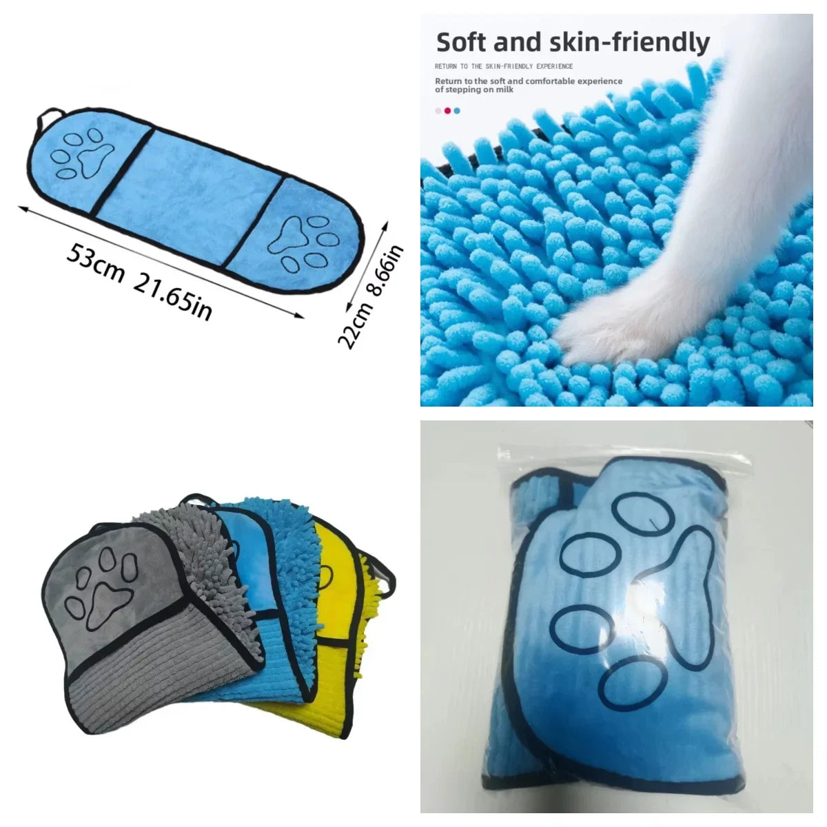 Double-Sided Hand Pocket Pet Bath Towel, Soft Chenille Fabric, Portable with Hanging Loop for Dogs & Cat