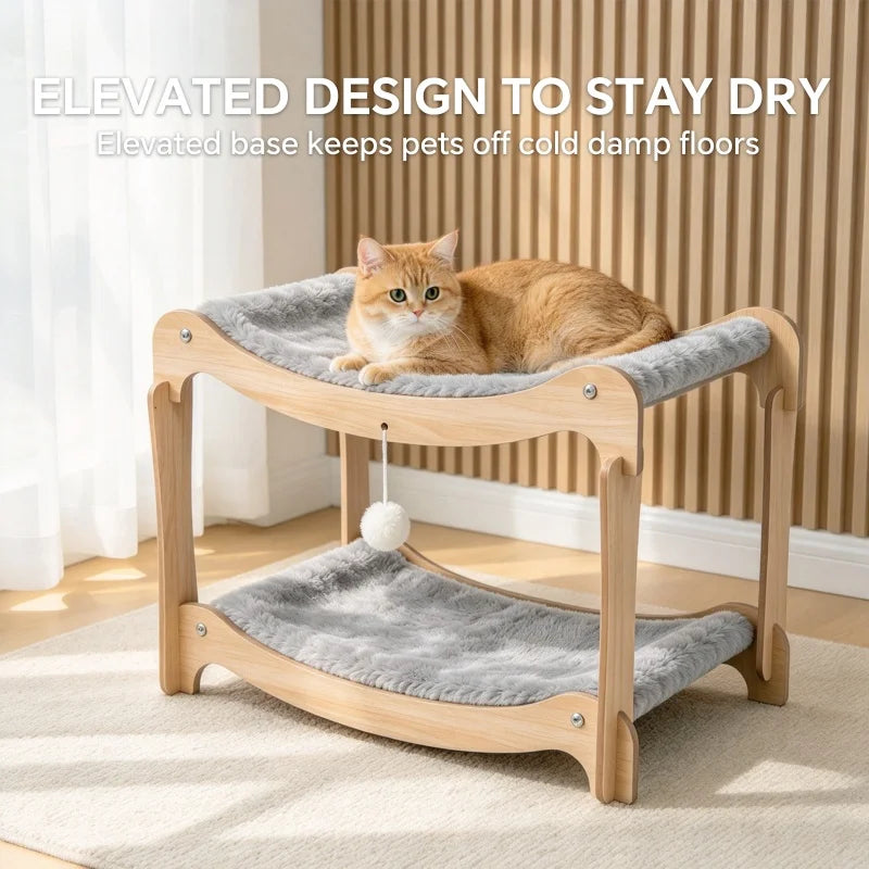 Christmas 2-Tier Wooden Cat Bed with Plush Pad, Ergonomic Curved Cat Lounge Chair, Holiday Pet Sofa Gift