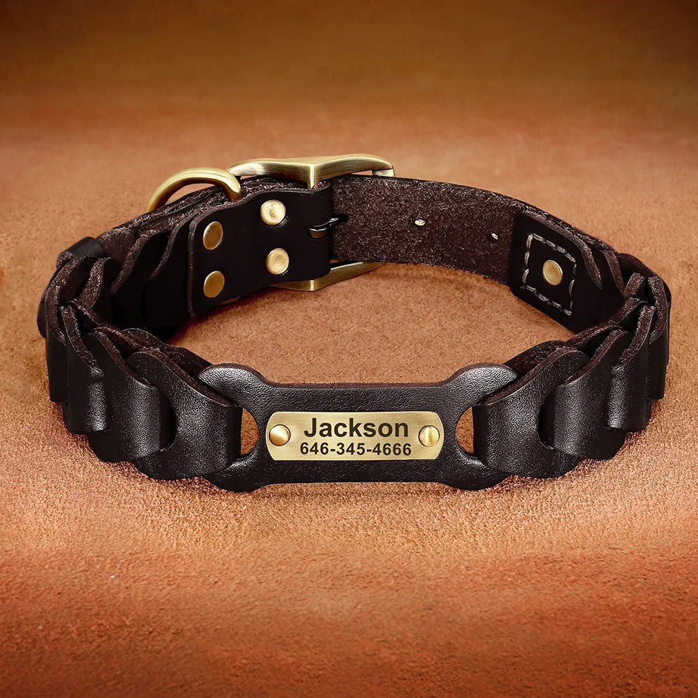 Genuine Leather Dog Collar Custom Leather Medium Large Dog Collars Personalized Pet ID Collars for Dogs Pitbull Engrave Name