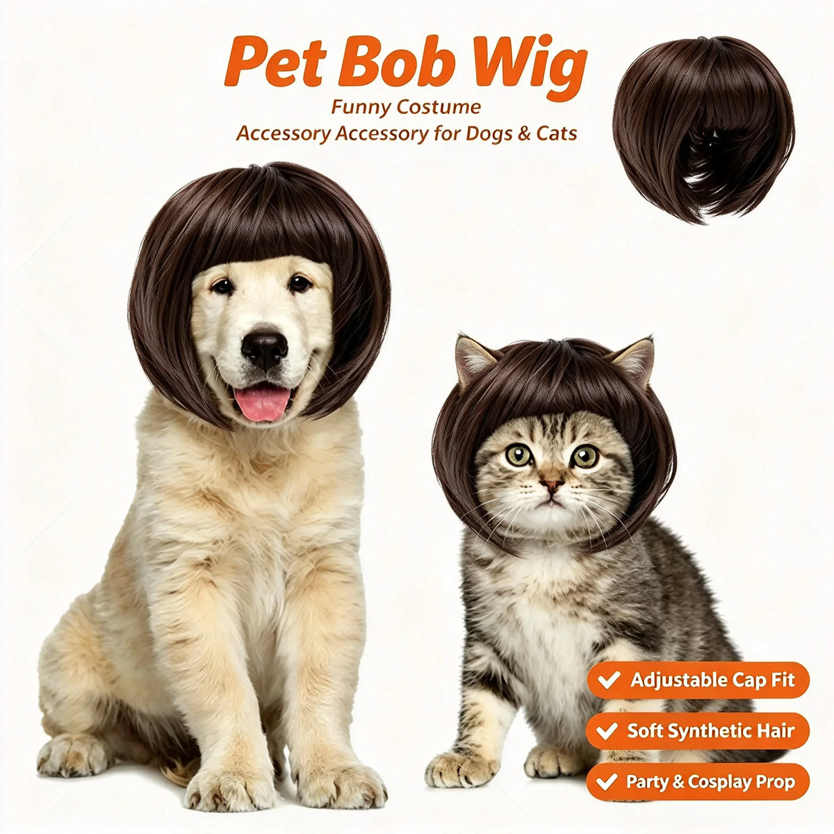 Dog Cat Clown Wig, Funny Pet Cosplay Wig with Adjustable Straps, Synthetic Short Bob Hairpiece for Halloween Party