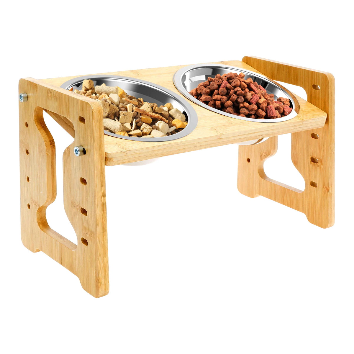 Wooden Elevated Cat Dog feeder Bowl Stand with 2 Stainless Steel Feeder bowl for Dry Wet Food Water Anti Slip Pet Supplies