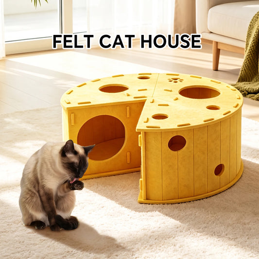 Felt Cat Tunnel Bed, An Interactive Cheese Hideout Toy For Indoor Cats, With A Perforated Hide-And-Seek Tube And A Cat Cave With A Hole. A Pet Christmas Gift. Easy To Install And Easy To Clean.