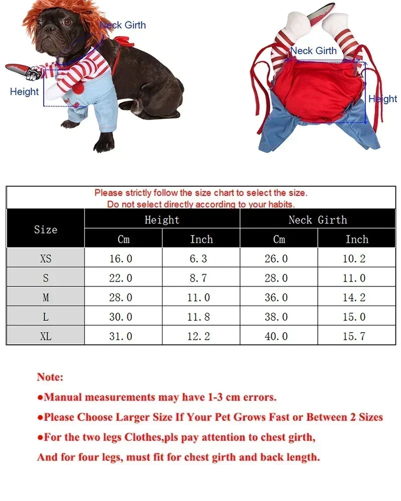 Halloween Doll Pet Chucky Costume -Funny 3D Upright Dog & Cat Outfit, Cosplay Party Clothes for ALL Puppy Kitten