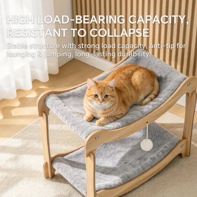 Christmas 2-Tier Wooden Cat Bed with Plush Pad, Ergonomic Curved Cat Lounge Chair, Holiday Pet Sofa Gift