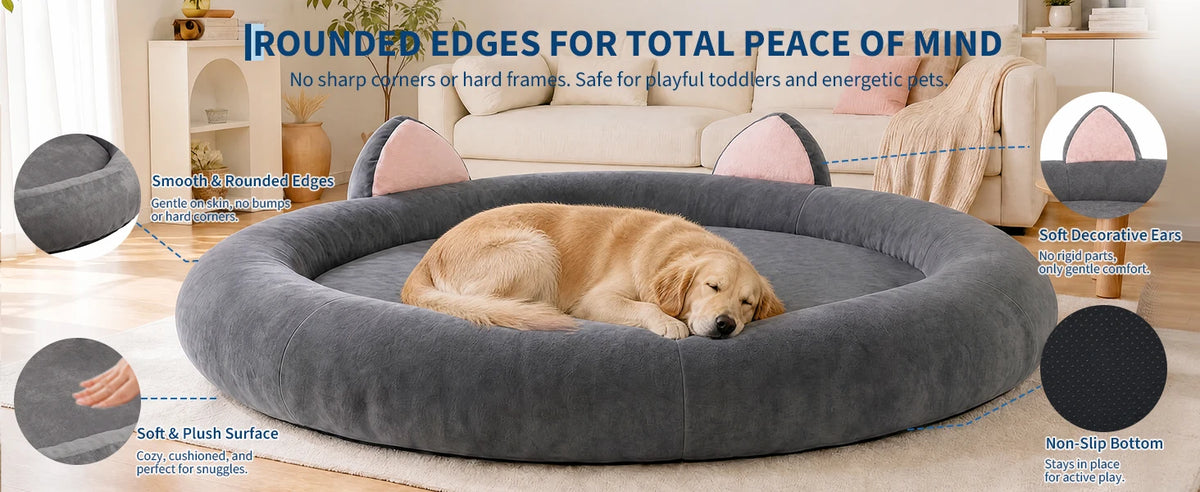 Round Dog Bed XXL Extra Large 9.8" Thick Pet Couch Memory Foam Pet Couch for Large & Senior Dogs Supportive Bolster Design Brown Grey