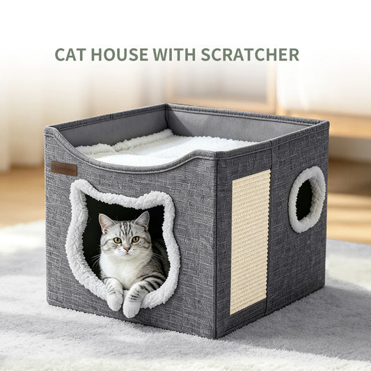 A Three-In-One Foldable Cat Bed And Scratching Post, With A Cat Face-Shaped Design Featuring Soft Fringes And A Door Opening. The Cat Den Bed With Wear-Resistant Rattan Scratching Board. A Spacious Top Lounge Platform For The