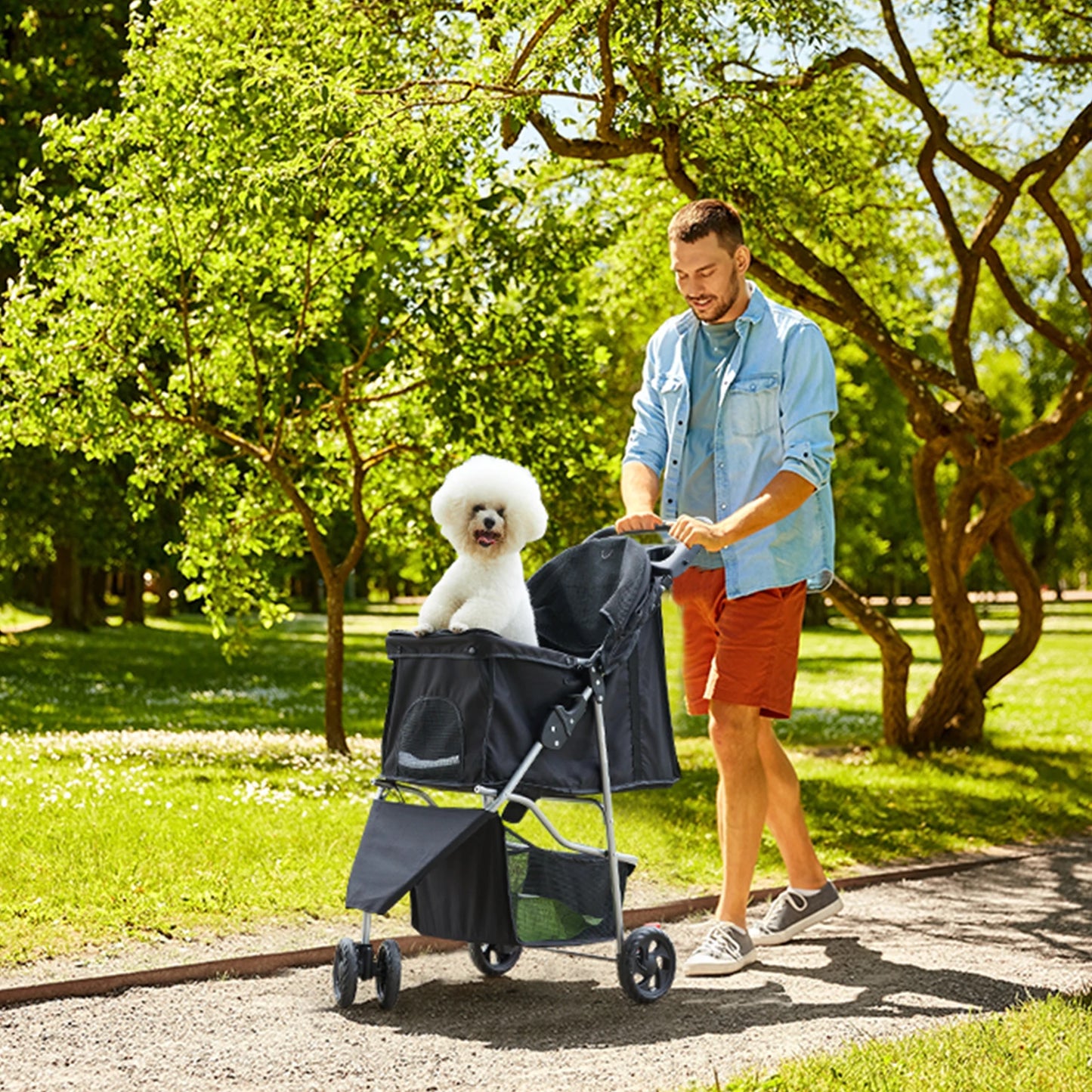 3 Wheels Foldable Pet Stroller for Small Dogs and Cats Stroller with Mesh Windows Storage Basket Cup Holder for Outdoor Use
