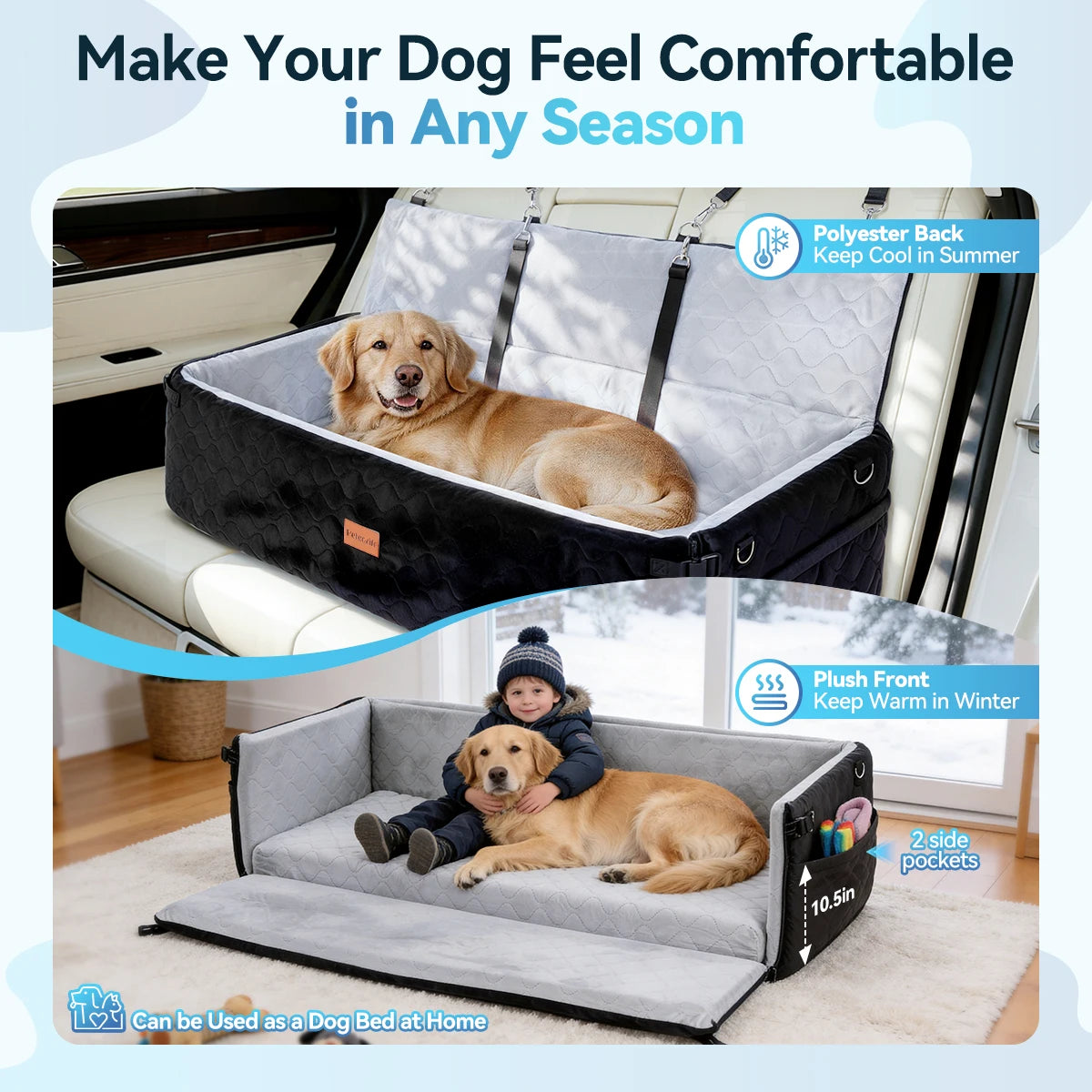 Extra Large Dog Car Seat, Dog Bed for Large Dogs Up to 120lbs Multi-Functional Dog Booster Seat with Thick Cushion & Leashes