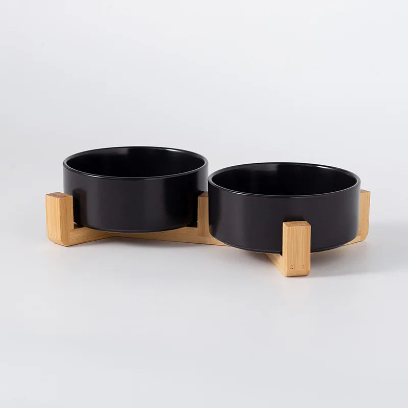 Ceramic Double Pet Bowl with Wood Stand - No Spill Food & Water Feeder for Dogs, Cats, Small & Large Pets