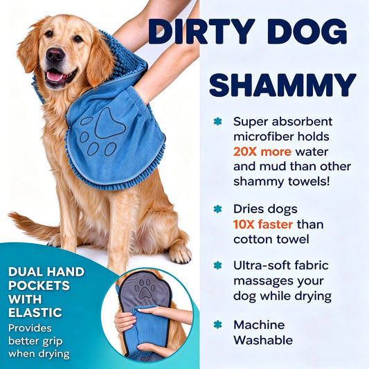 Double-Sided Hand Pocket Pet Bath Towel, Soft Chenille Fabric, Portable with Hanging Loop for Dogs & Cat