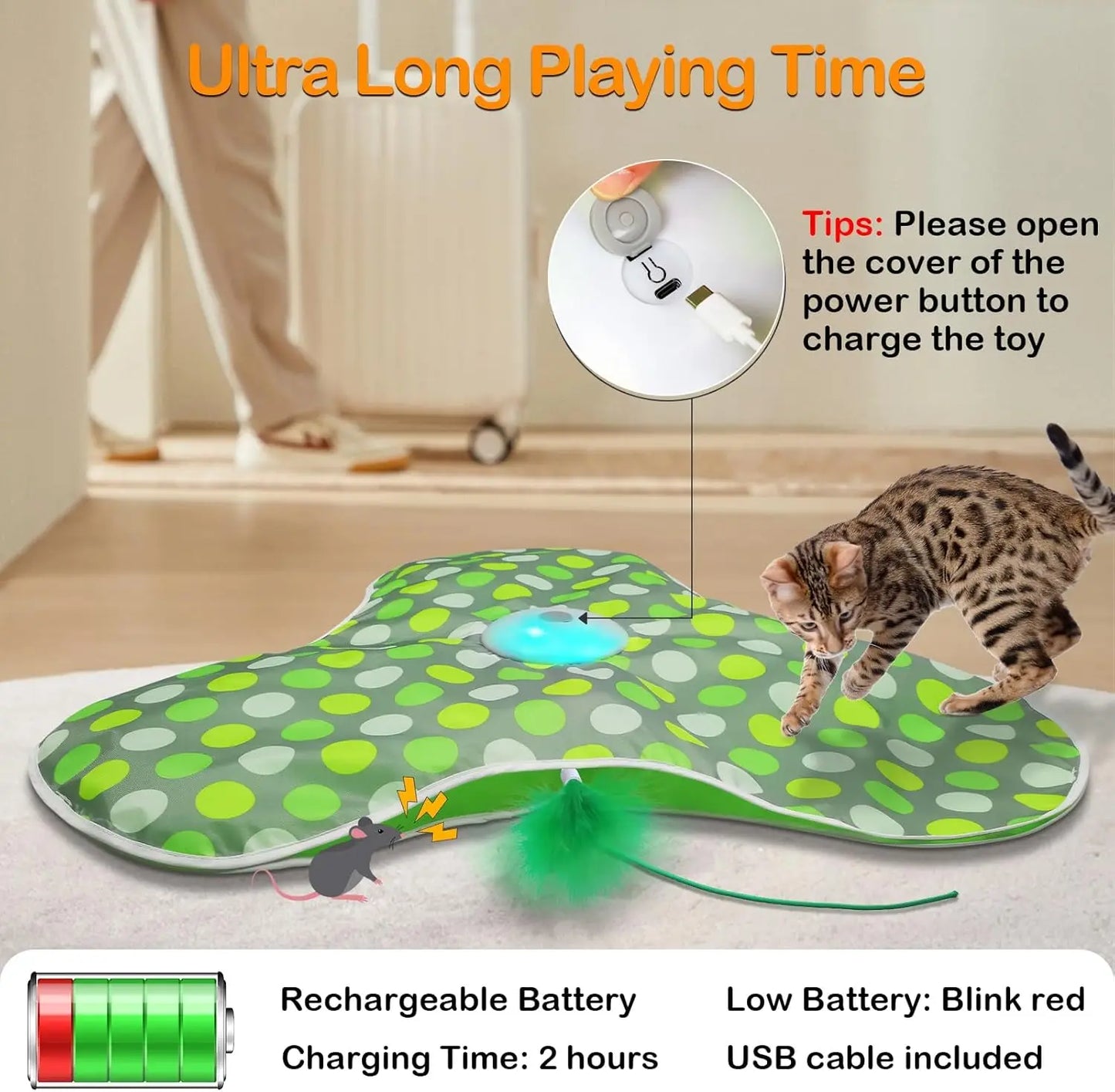 Interactive Cat Toys Rechargeable,Moving Concealed Feathers,Real Mouse Squeaky,Touch Activated Cat Kitten Toy Exercise Toys