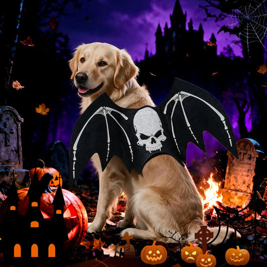 Halloween Dog bat Wing Costumes L，pet Costumes for Halloween Party Skeleton Print On The Back，Pumpkin Bell，Neck & Chest Adjustable nylon Straps，Lightweight Felt Comfort,for large dogs