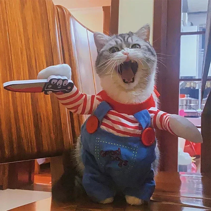 Halloween Doll Pet Chucky Costume -Funny 3D Upright Dog & Cat Outfit, Cosplay Party Clothes for ALL Puppy Kitten