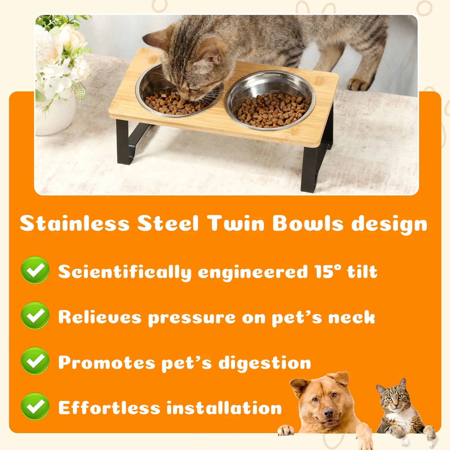 Wooden Elevated Cat Dog feeder Bowl Stand with 2 Stainless Steel Feeder bowl for Dry Wet Food Water Anti Slip Pet Supplies