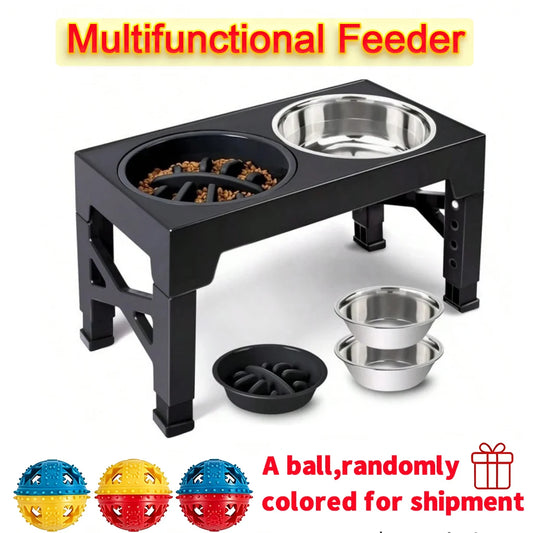Elevated Dog Bowls and Stand Adjustable Height with Slow Feeder and a ball, Anti-Slip Raised Pet Feeder for Large Medium Small Dogs, Stainless Steel Water Food Dish Set