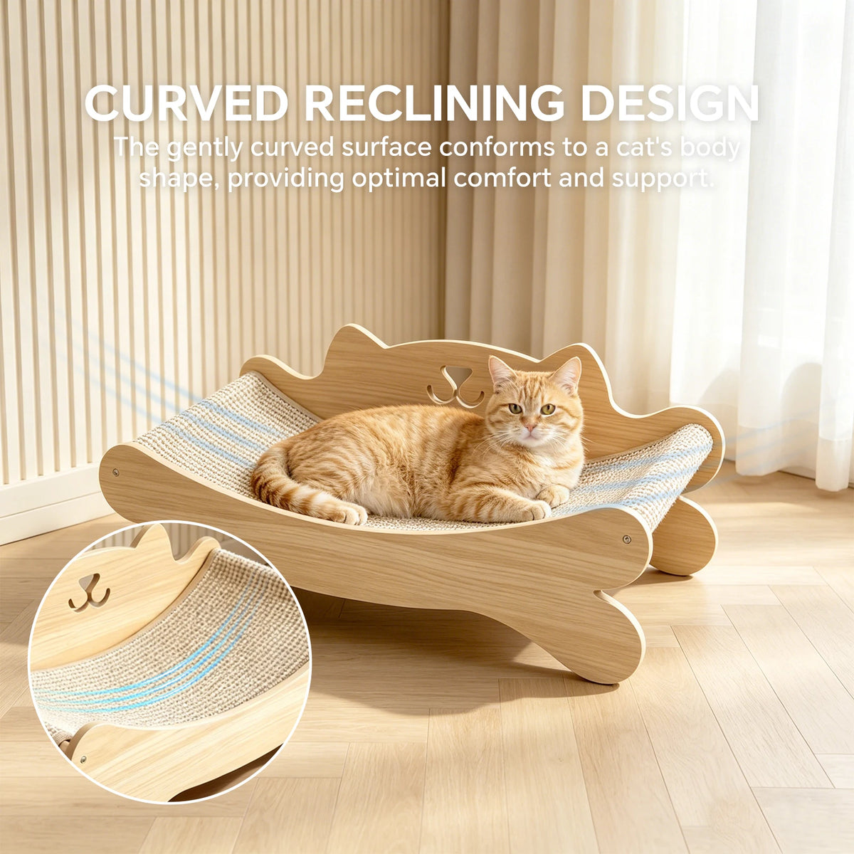 Cat Recliner With Durable Rattan Scratching Pads, Ergonomic Curved Elevated Cat Bed With Backrest, Suitable For Indoor Kittens And Cat Durable Furniture Sofa Scratch Protection Device