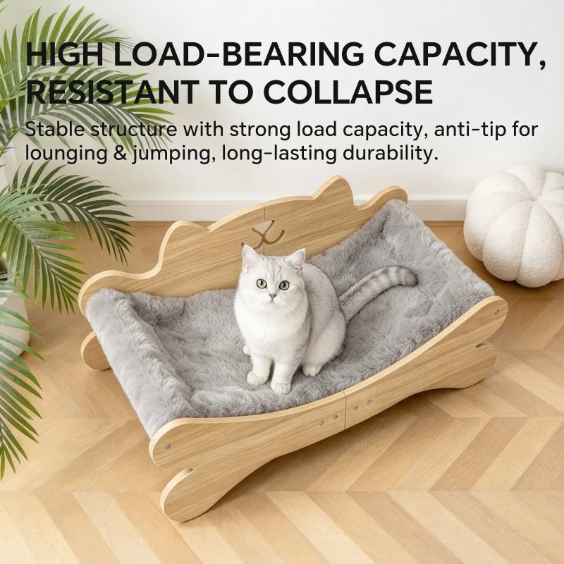 Coral Fleece Wooden Cat Bed, Elevated Anti-Slip Cat Lounge Chair, Modern Curved Pet Sofa for Indoor Kittens