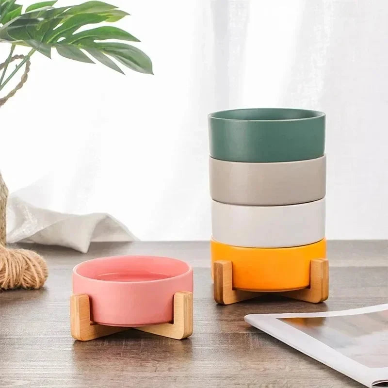 Ceramic Double Pet Bowl with Wood Stand - No Spill Food & Water Feeder for Dogs, Cats, Small & Large Pets