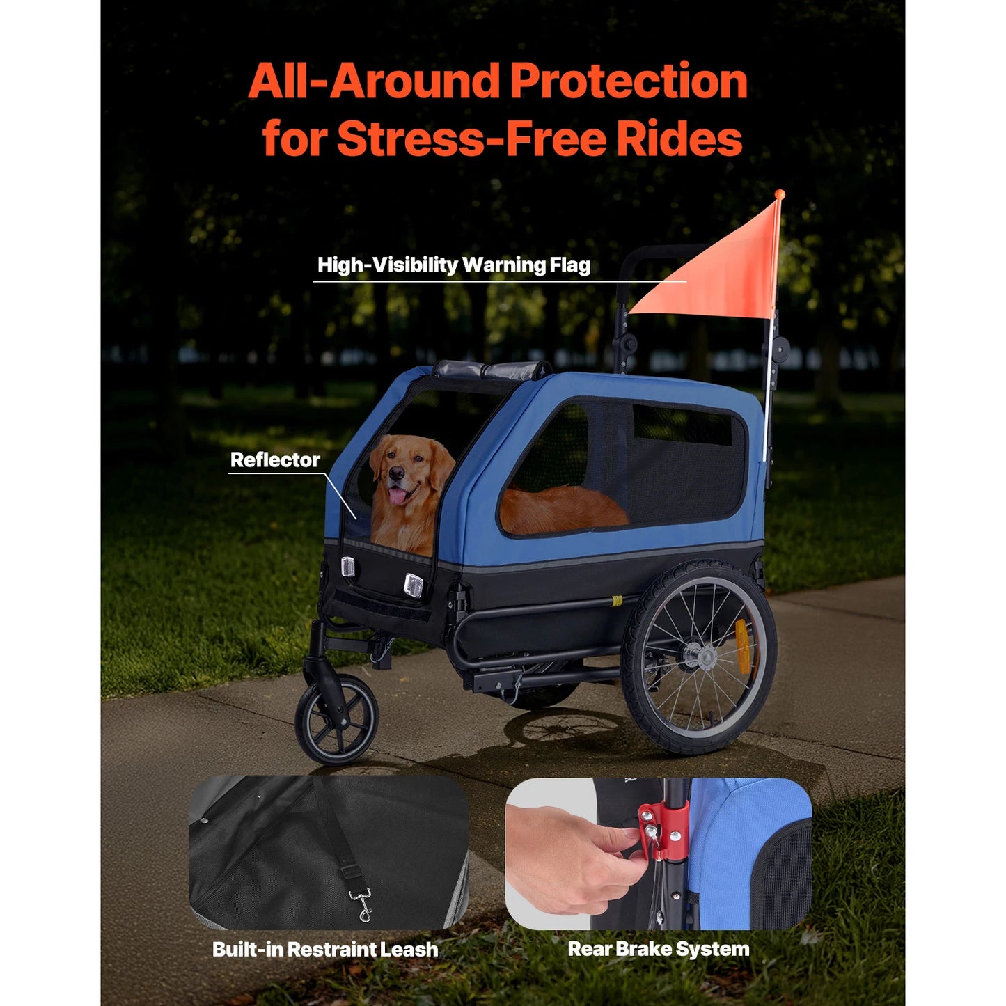 88 lbs Dog Bike Trailer 2-in-1 Pet Stroller Cart Bicycle Carrier with Wheel & Universal Coupler for Small & Large Dogs