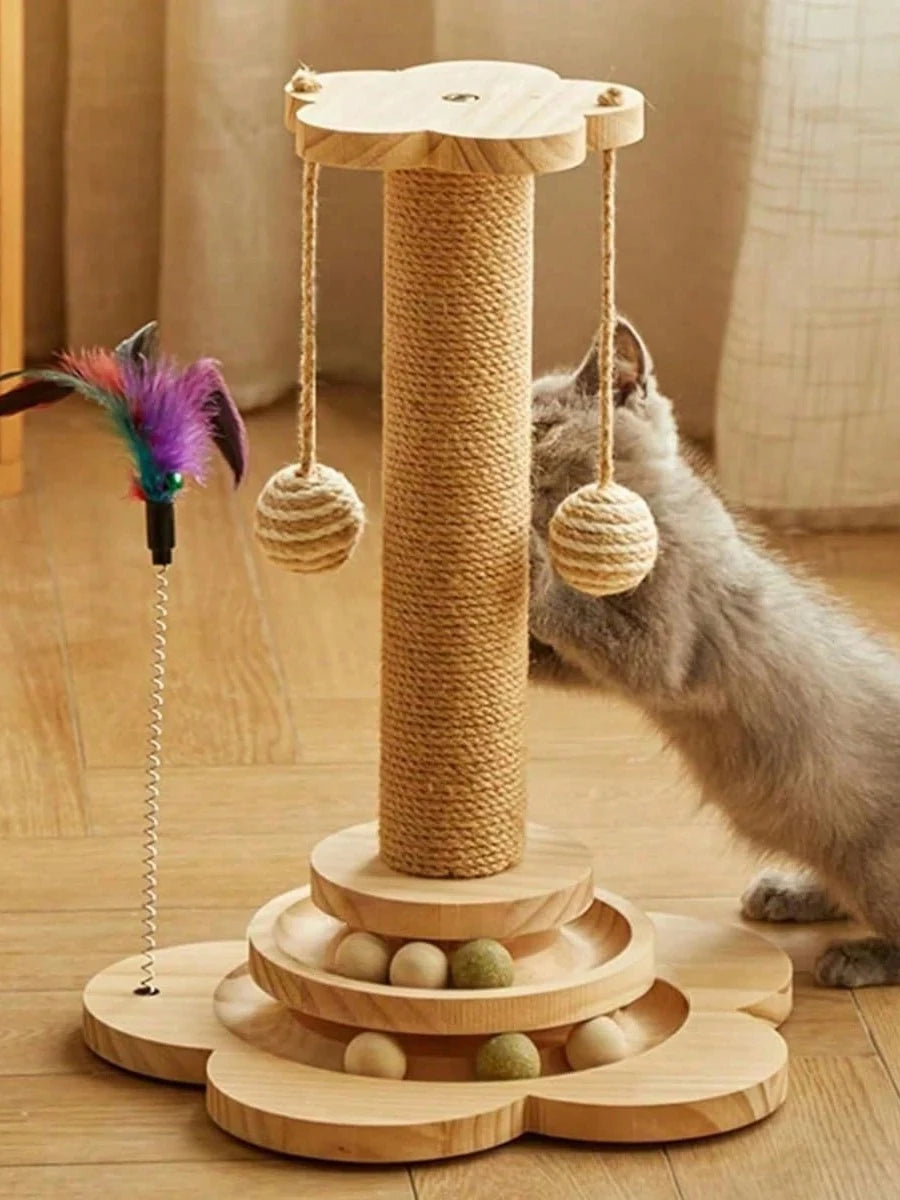 4-in-1 Wooden Cat Scratcher with Ball Track & Feather Toy Self-Play Kitten Activity Center Anti-Boredom Indoor Pet Supplies , Suitable For Indoor Kittens