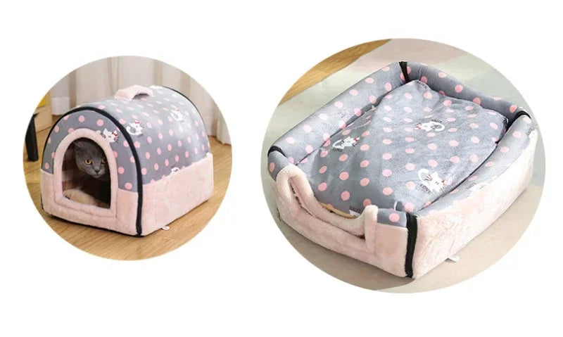 Foldable Dog Bed Pet House Kennel Soft Tent Indoor Enclosed Warm Plush Sleeping Nest Basket with Removable Cushion for Cats Dogs