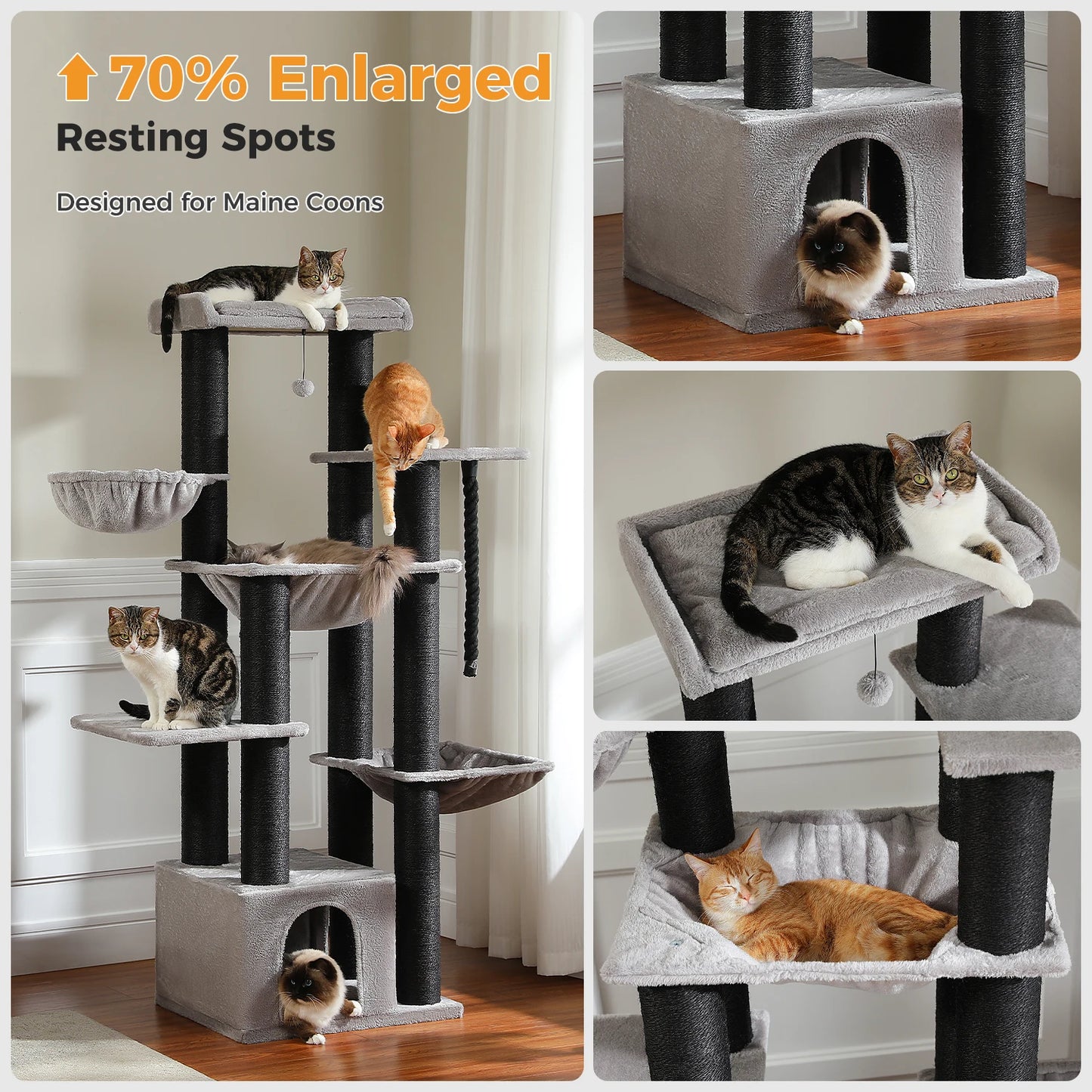 Large Cat Tree for Big Cats Robust Cat Tower with Several Levels Cat House Climbing Tree with Hammock 11 Sisal Posts Large Perch