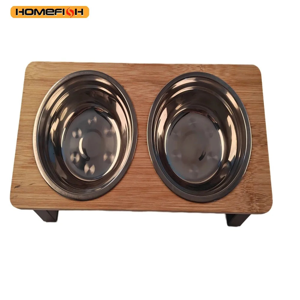 Elevated Cat Bowl Pet Feeder 15° Tilted Raised Cat Food Bowl with Wooden Base Includes 2 Stainless Steel Bowls Suitable for Cats