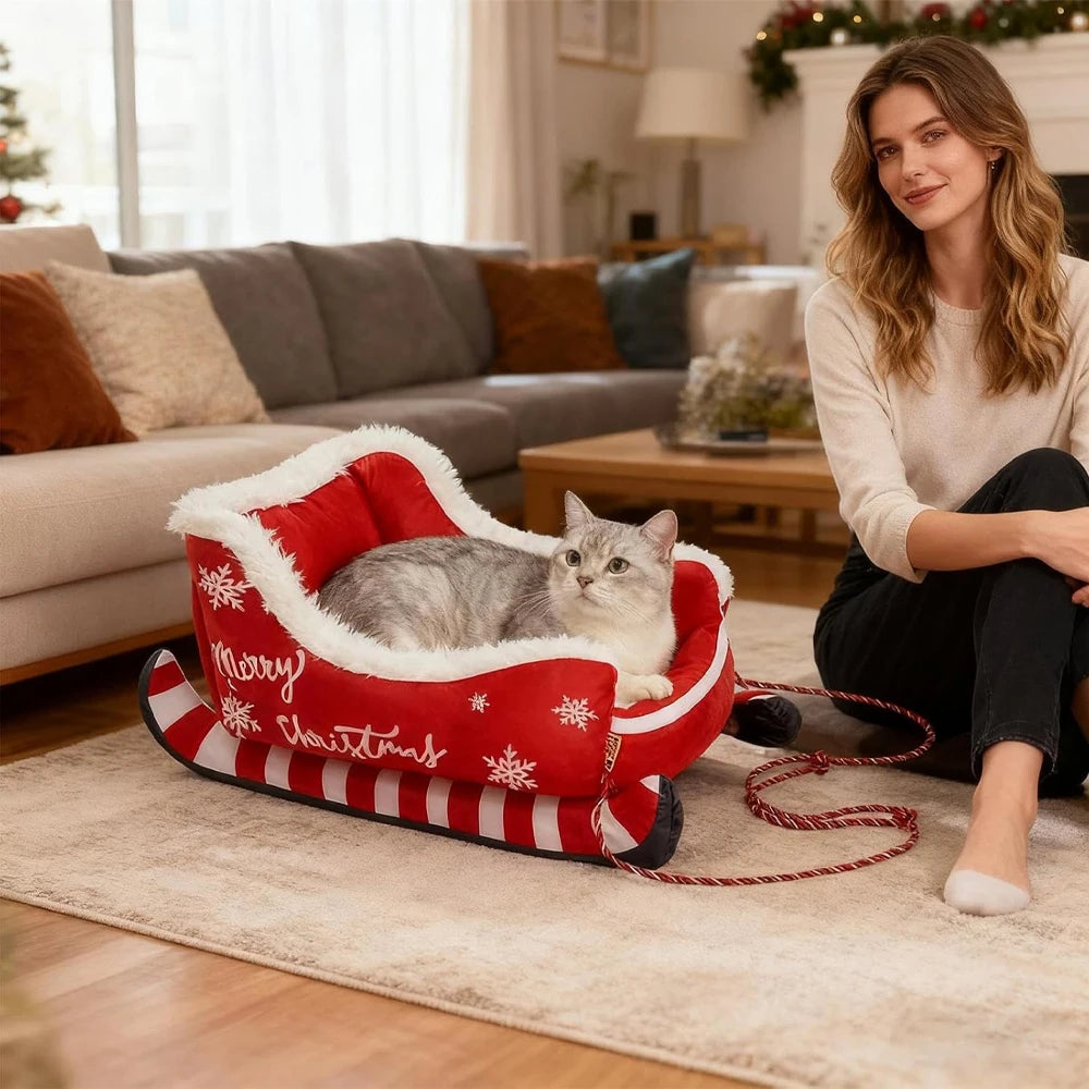 Christmas Sleigh Bed  Removable Washable Plush Pet Warm Sofa with Non-Slip Base Christmas Cat Dog Nest for Winter Indoor Outdoor