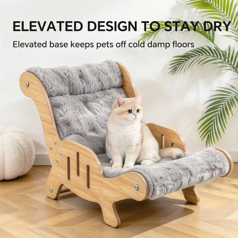 Christmas Warm Plush Cat Lounge Chair, Ergonomic Wooden Cat Bed, Cozy Elevated Indoor Pet Sofa Furniture
